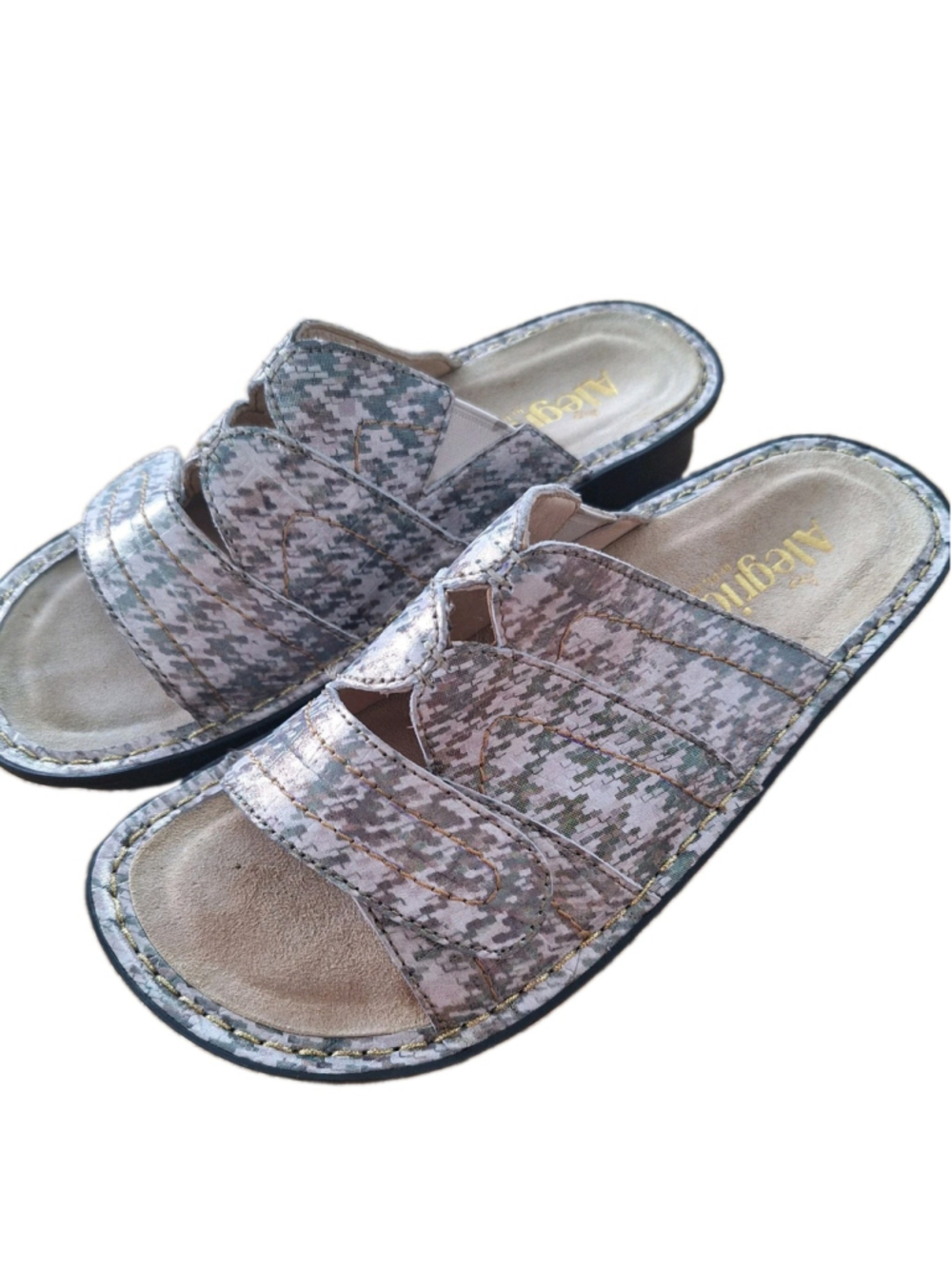 Alegria Sassy Klara Gray Gold Houndstooth Print Sandals Womens Size 38 (8)
